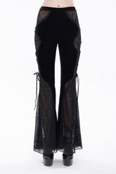 Black Translucent Velvet Jacquard Sexy Panel Lace-Up Plaid Flared Gothic Women's Pants